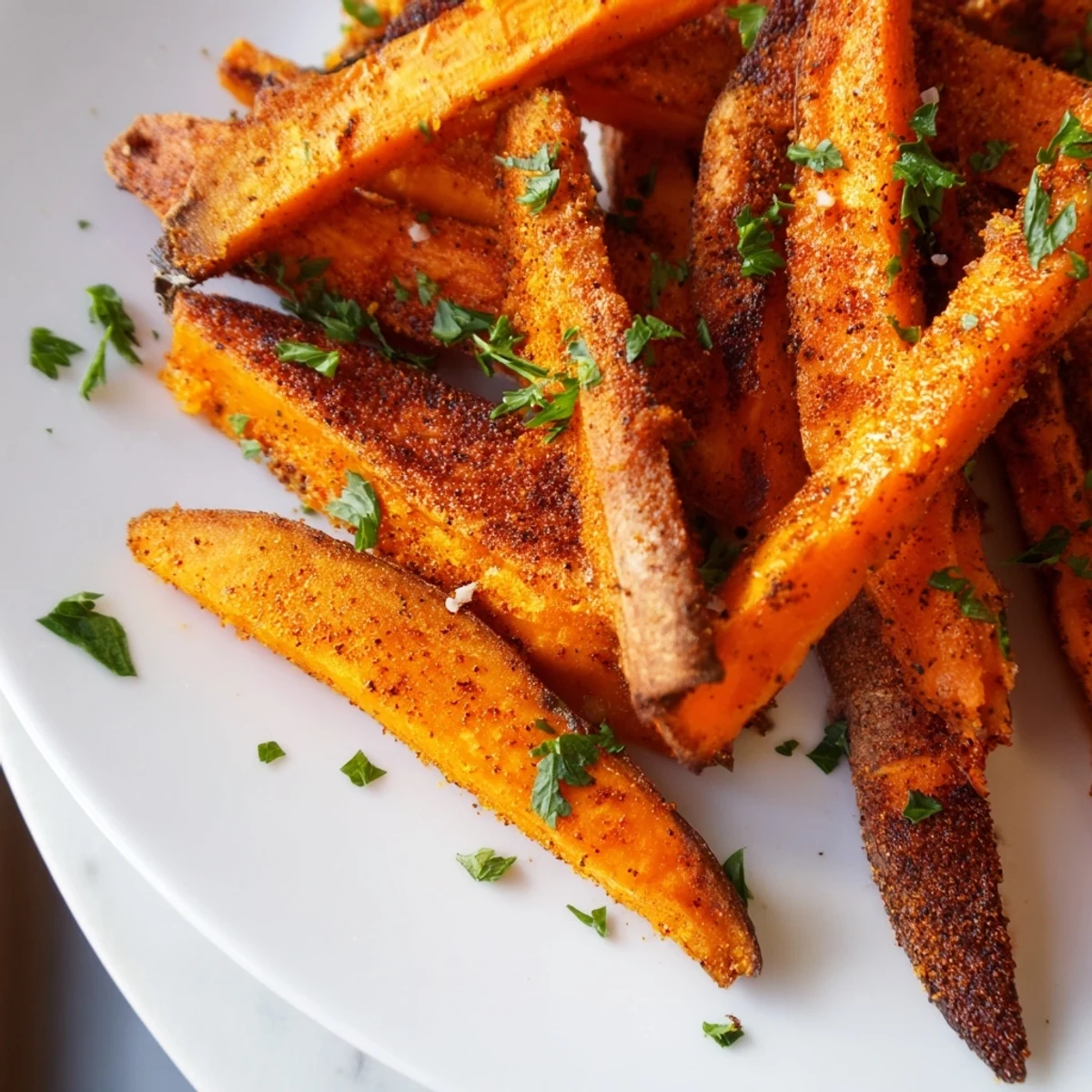 Golden, crispy Oven Baked Sweet Potato Fries seasoned with smoked paprika on a plate.