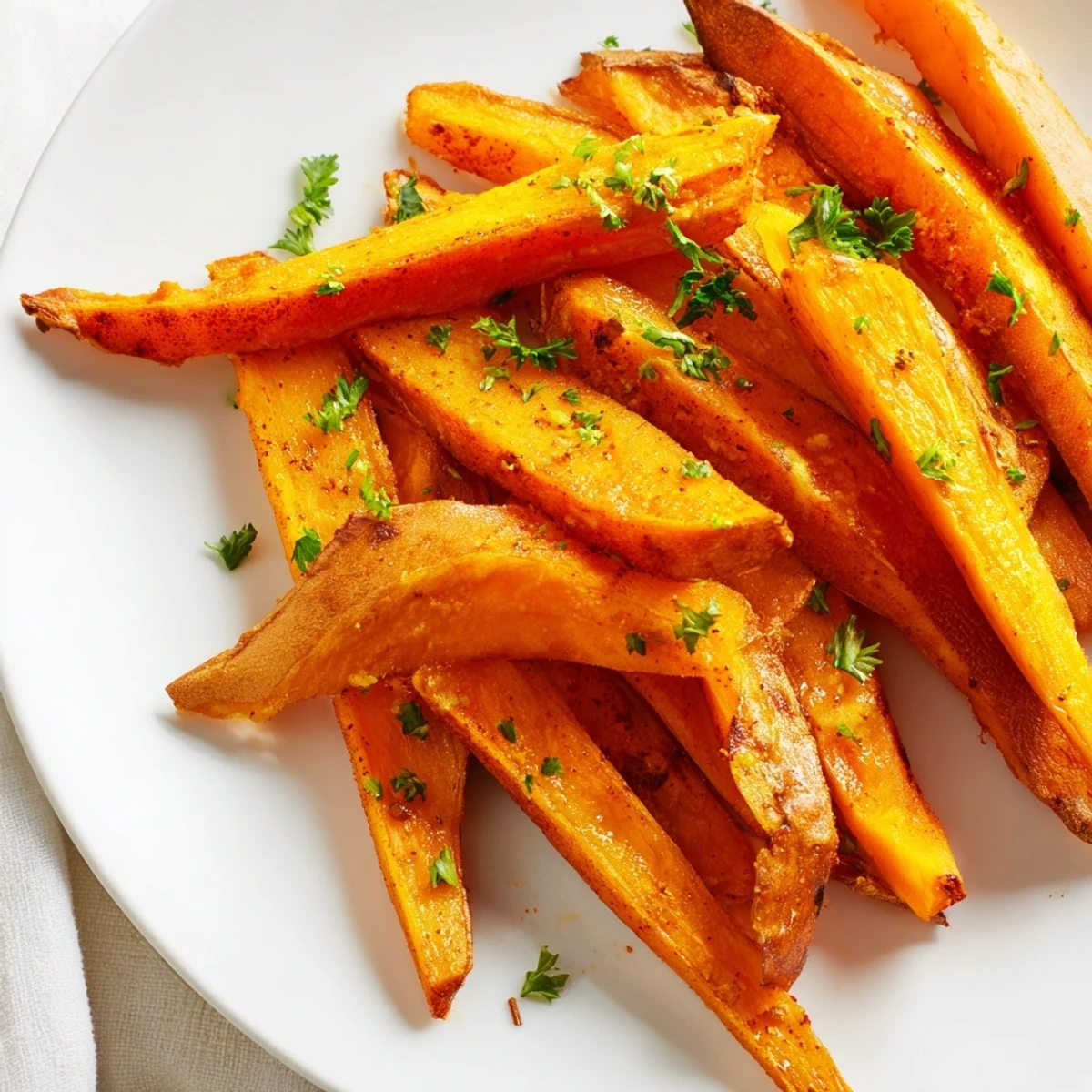 Perfectly cooked Oven Baked Sweet Potato Fries garnished with parsley and sea salt.