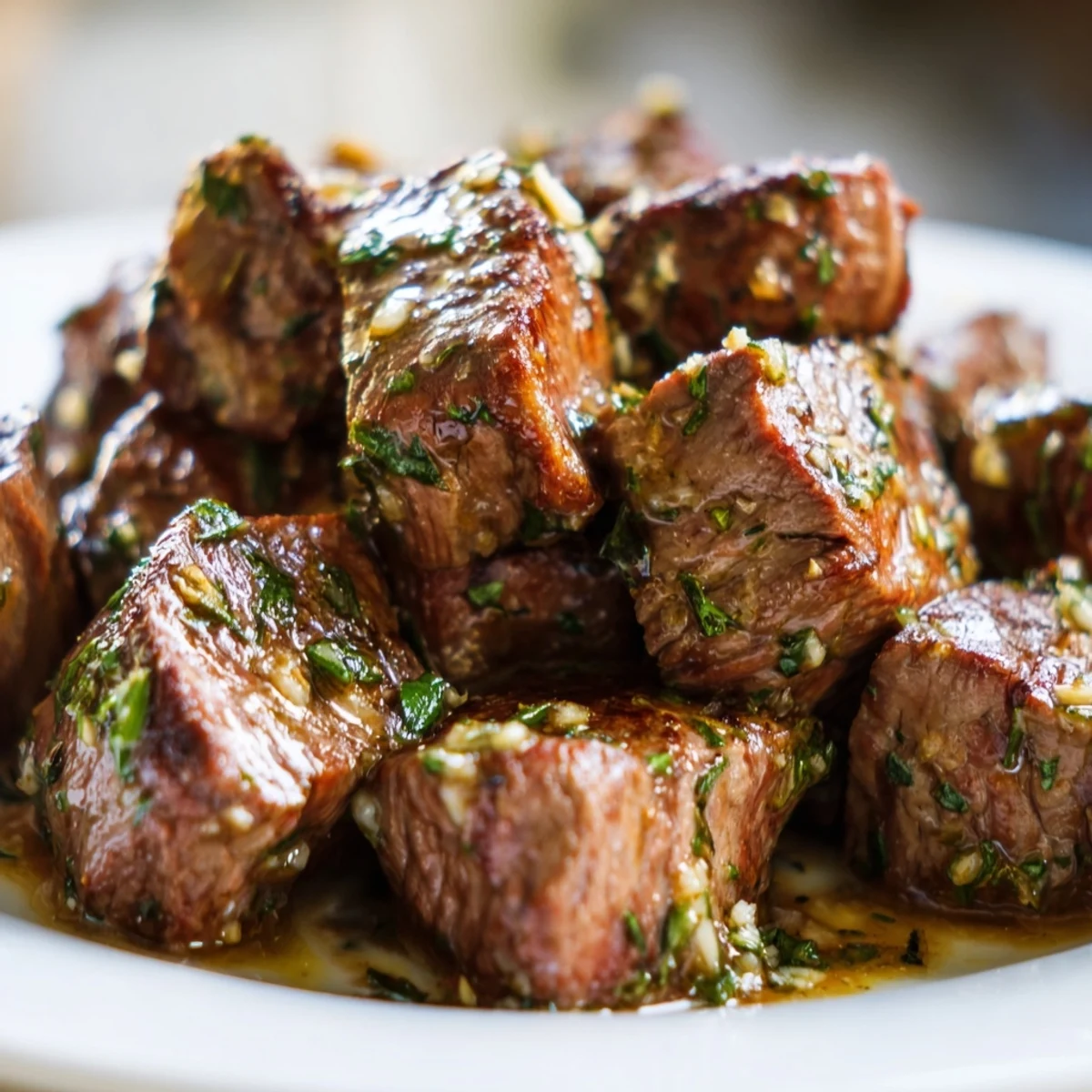 Perfectly seared Garlic Butter Steak Bites glisten in a rustic cast iron skillet, topped with fresh parsley and lemon wedges.