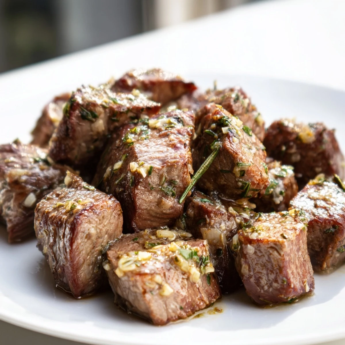 Garlic Butter Steak Bites are plated beside roasted potatoes, creating a colorful and delicious weeknight dinner presentation.