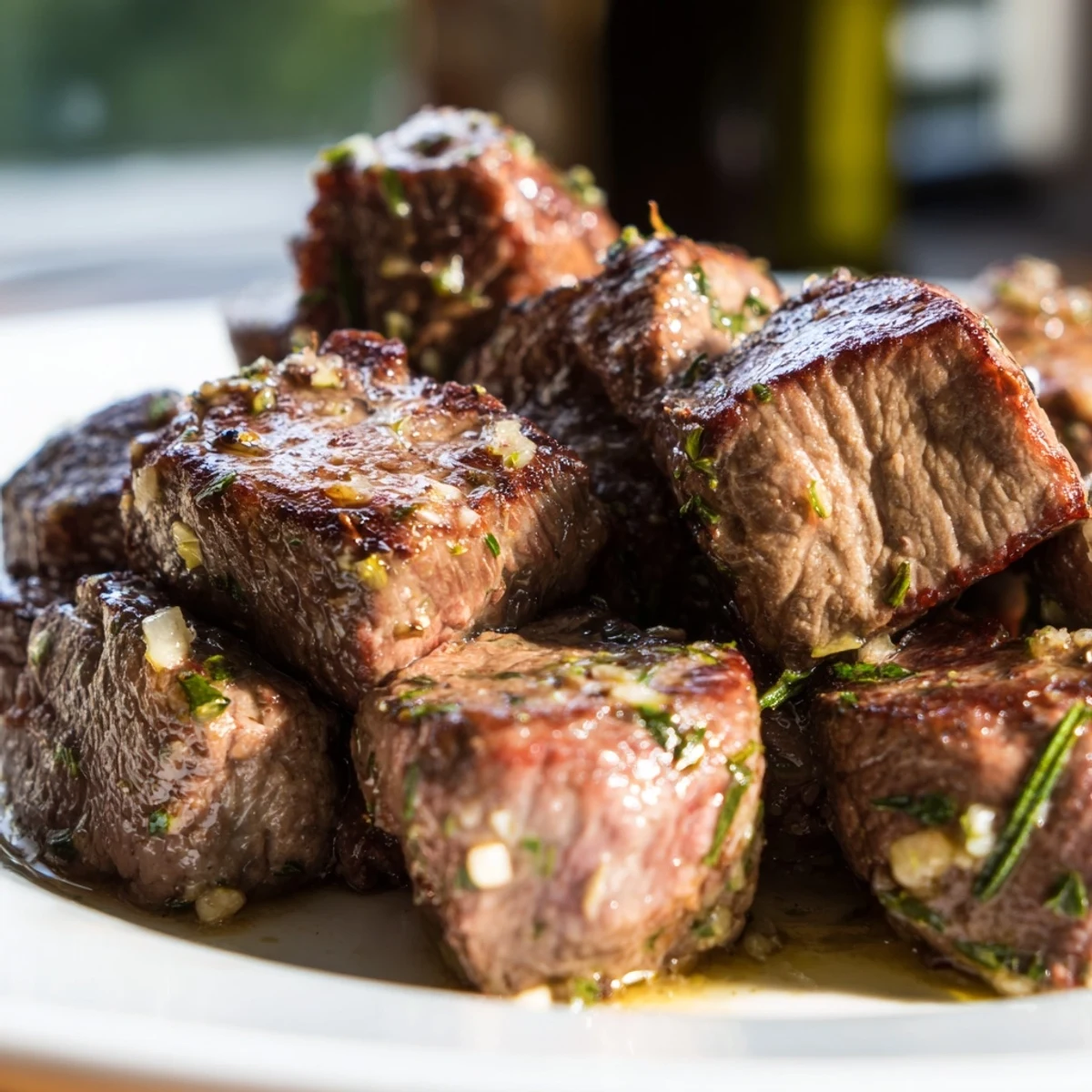 A close-up view of tender, juicy steak bites coated in a rich, sizzling garlic and herb butter sauce.