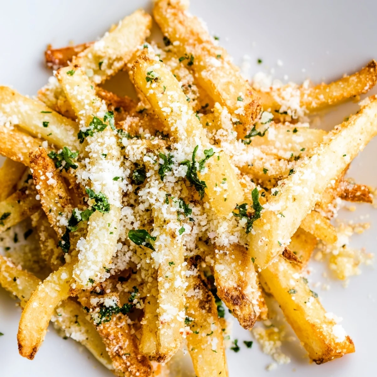 Crispy golden Gridiron Garlic Parmesan Fries, freshly baked and garnished with fresh parsley on a platter.  