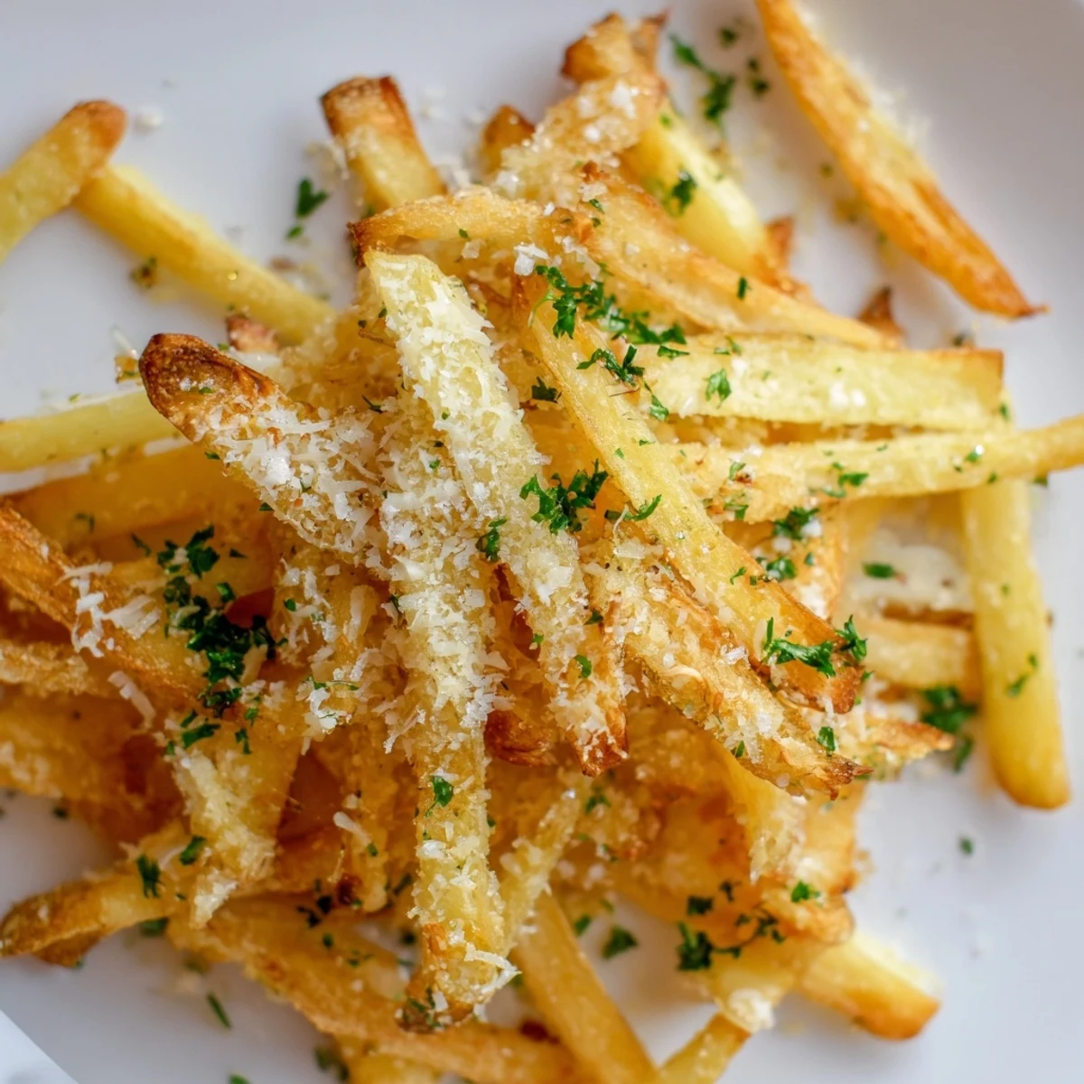 Golden-brown Gridiron Garlic Parmesan Fries topped with melted Parmesan and herbs, ready for dipping.  