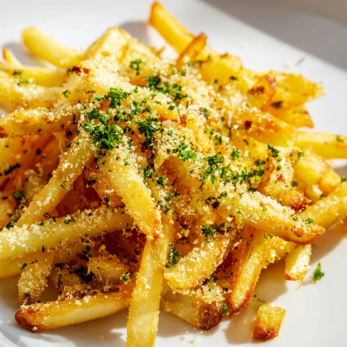 Oven-baked russet potato fries seasoned with garlic and Parmesan, arranged for a game day snack.