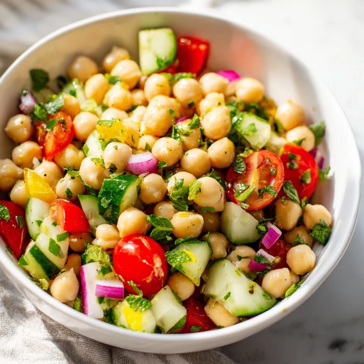 A close-up of the Mediterranean Chickpea Salad with Cucumber, showcasing diced cucumber, halved cherry tomatoes, and chickpeas glistening with a lemon-olive oil dressing.