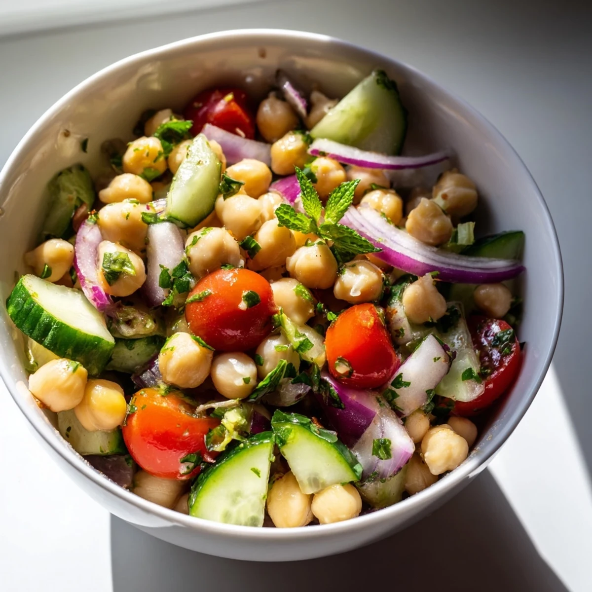 Freshly tossed Mediterranean Chickpea Salad with Cucumber in a rustic bowl, featuring vibrant red bell pepper, red onion, and fresh parsley, ready to be served as a light lunch.