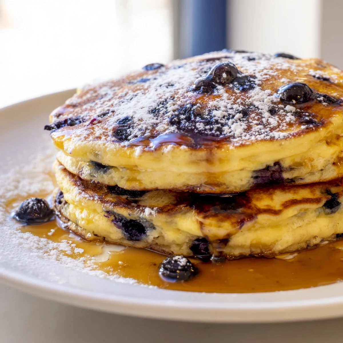 A close-up of golden Lemon Blueberry Ricotta Pancakes, revealing a moist interior dotted with plump blueberries and bright lemon zest.