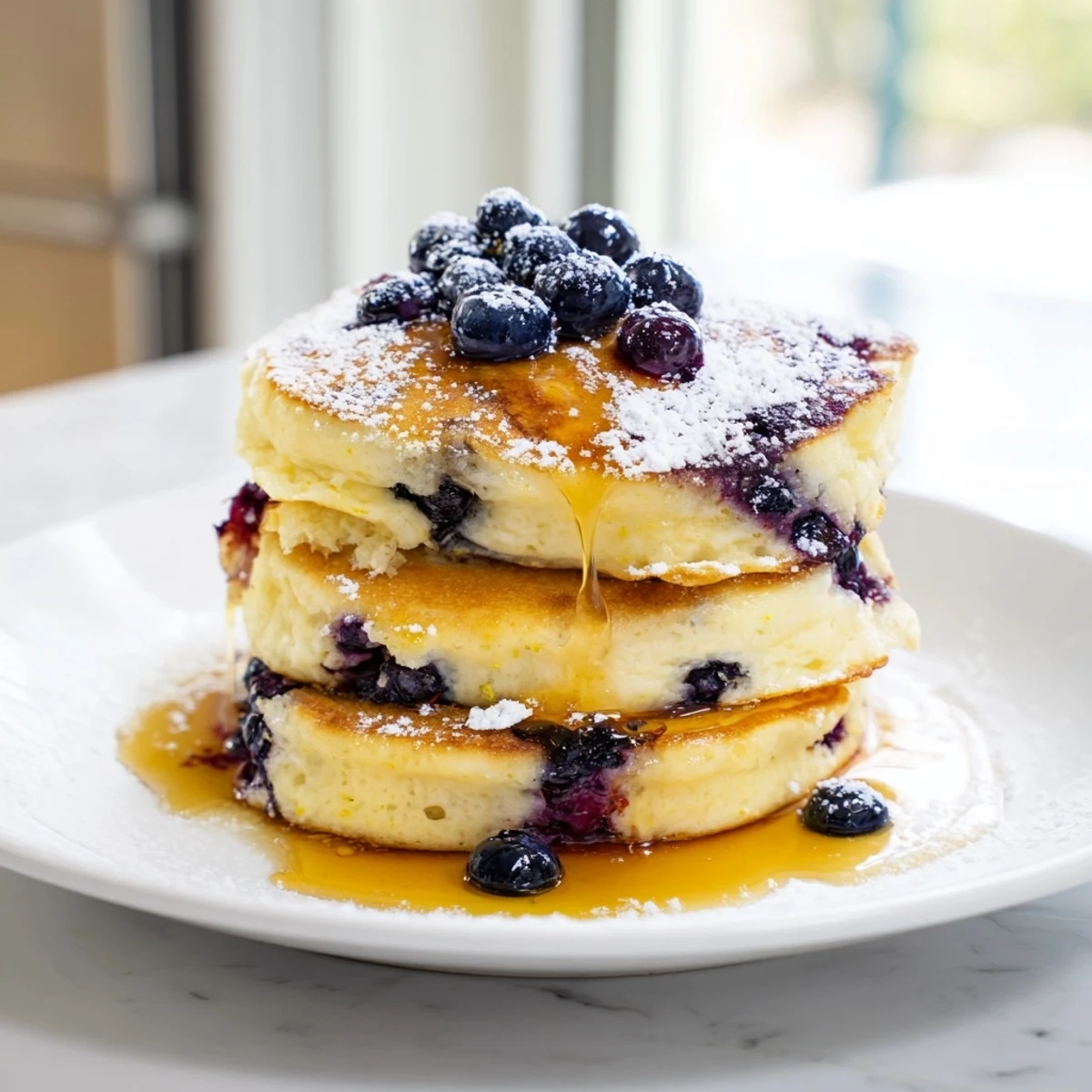 Fluffy Lemon Blueberry Ricotta Pancakes stacked high, topped with fresh blueberries and a drizzle of maple syrup on a rustic plate.