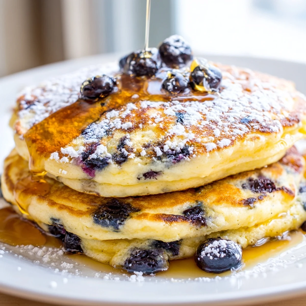 Freshly cooked Lemon Blueberry Ricotta Pancakes served warm with a dusting of powdered sugar, perfect for a leisurely American breakfast.