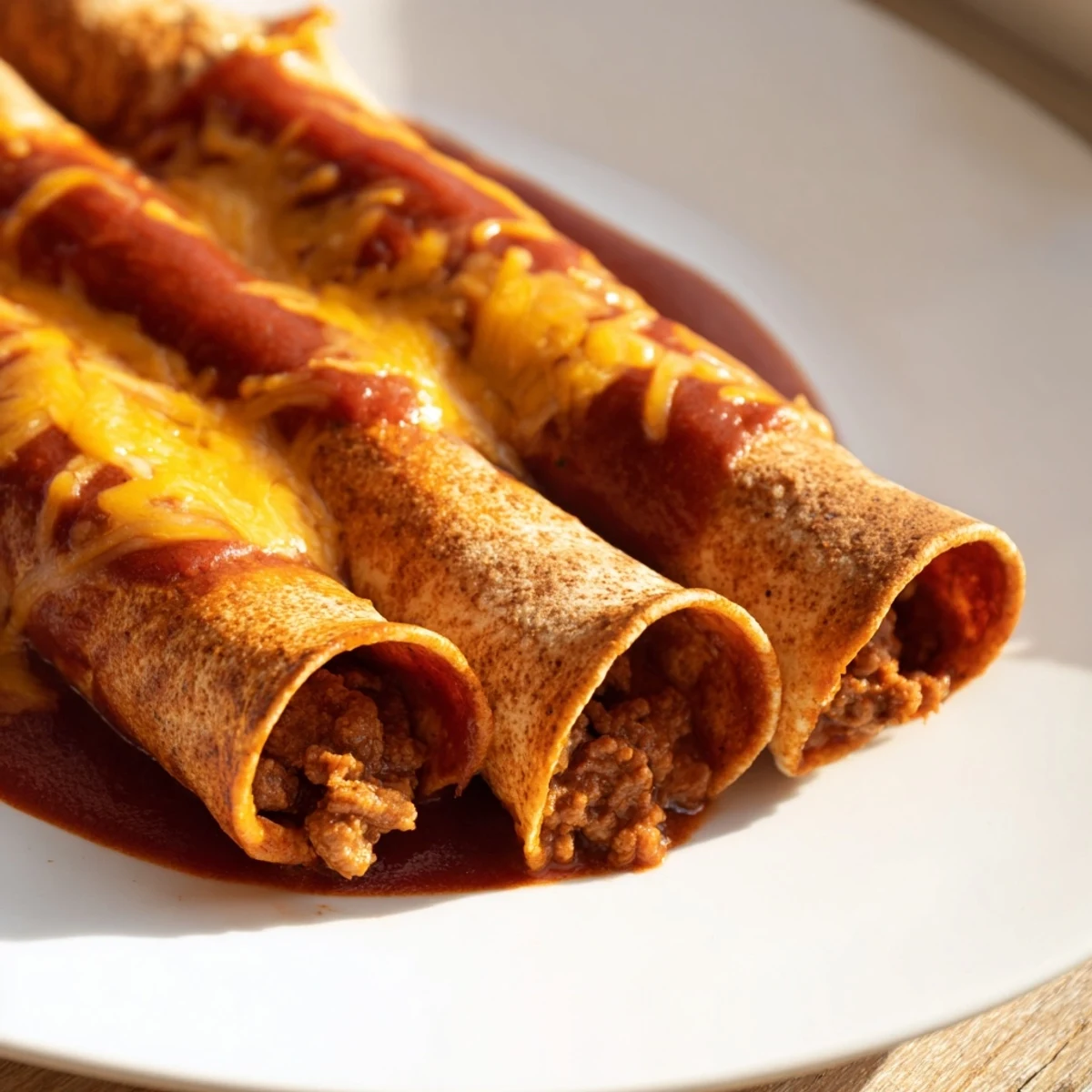 Rolled corn tortillas filled with seasoned ground beef, covered in a vibrant red enchilada sauce and bubbling melted cheese.