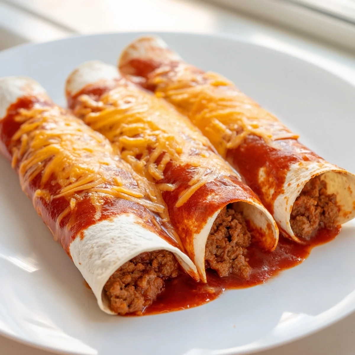 Serving suggestion: a plate of beef enchiladas with red sauce and cheese, garnished with fresh cilantro and a dollop of sour cream.