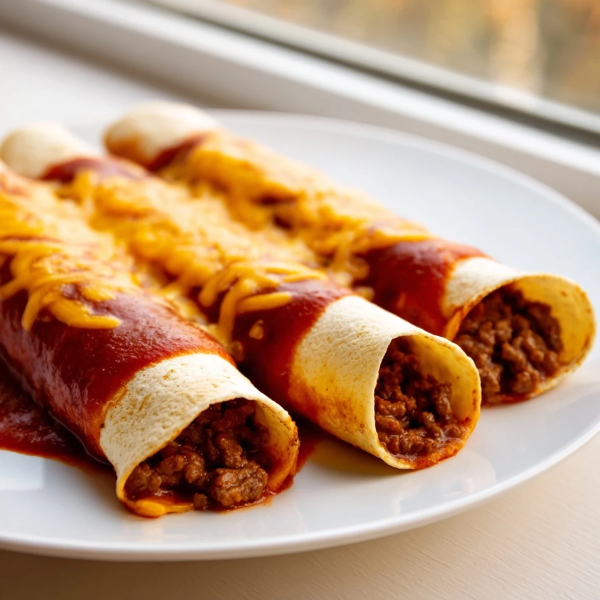 Close-up view of beef enchiladas with red sauce and cheese, showcasing the melted cheddar topping and rich, homemade red sauce.