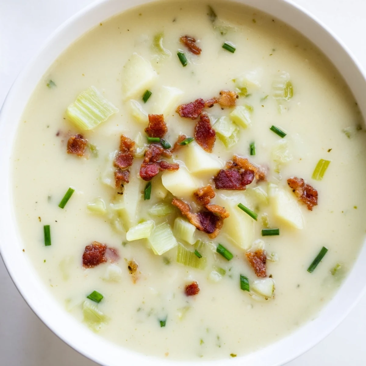 A close-up of Creamy Potato Leek Soup with Crispy Turkey Bacon, topped with crunchy bacon crumbles and fresh chives.