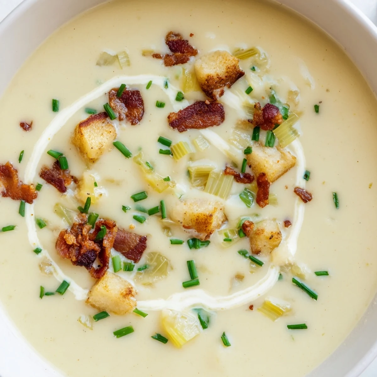 A serving of Creamy Potato Leek Soup with Crispy Turkey Bacon, featuring a velvety texture and rich, comforting steam.
