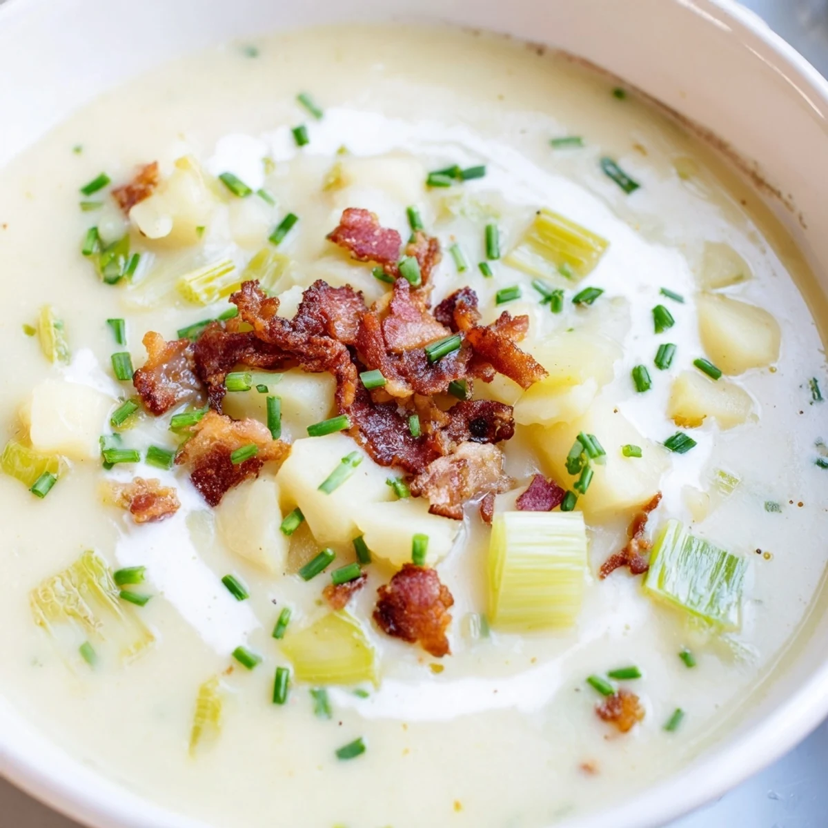 A bowl of Creamy Potato Leek Soup with Crispy Turkey Bacon garnished with chives and served beside rustic bread.