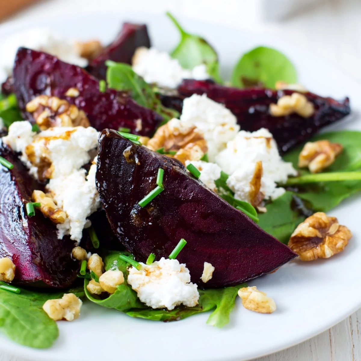 A close-up of vibrant roasted beet salad with goat cheese and walnuts on a rustic wooden table.