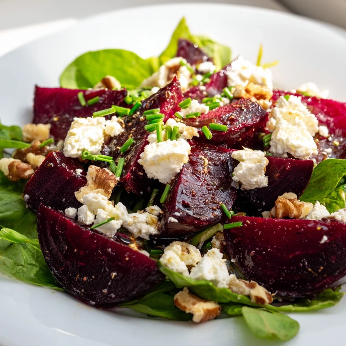 A serving of roasted beet salad with goat cheese and walnuts drizzled with balsamic vinaigrette on a white plate.