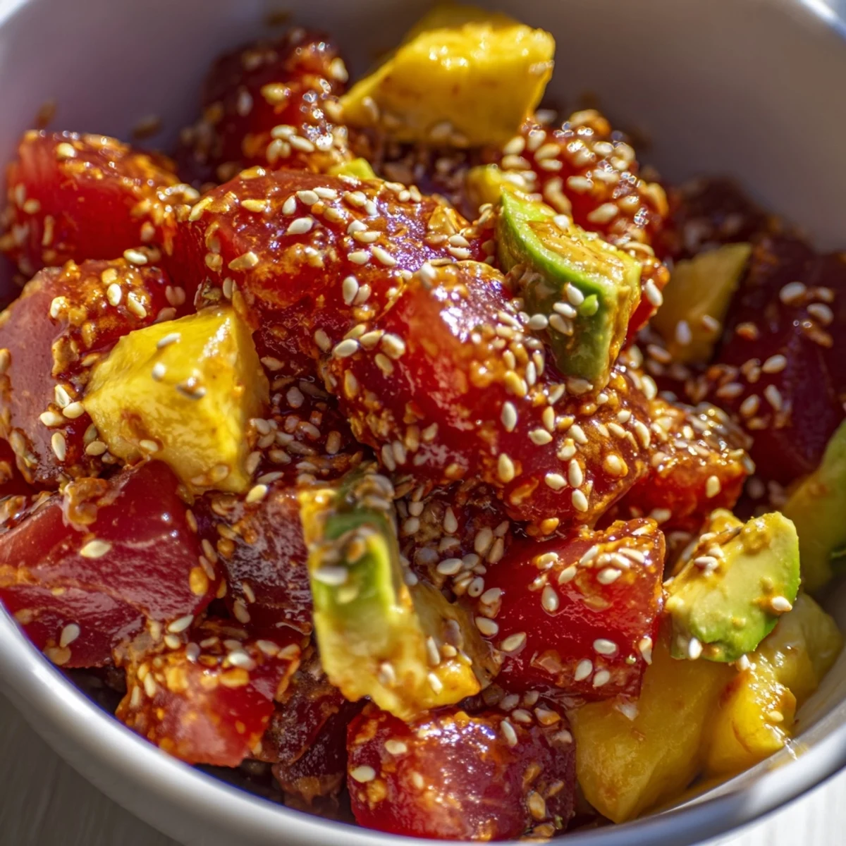 Bright red spicy tuna, creamy green avocado, and sweet mango cubes sit atop seasoned sushi rice in a colorful poke bowl garnished with nori and sesame seeds.