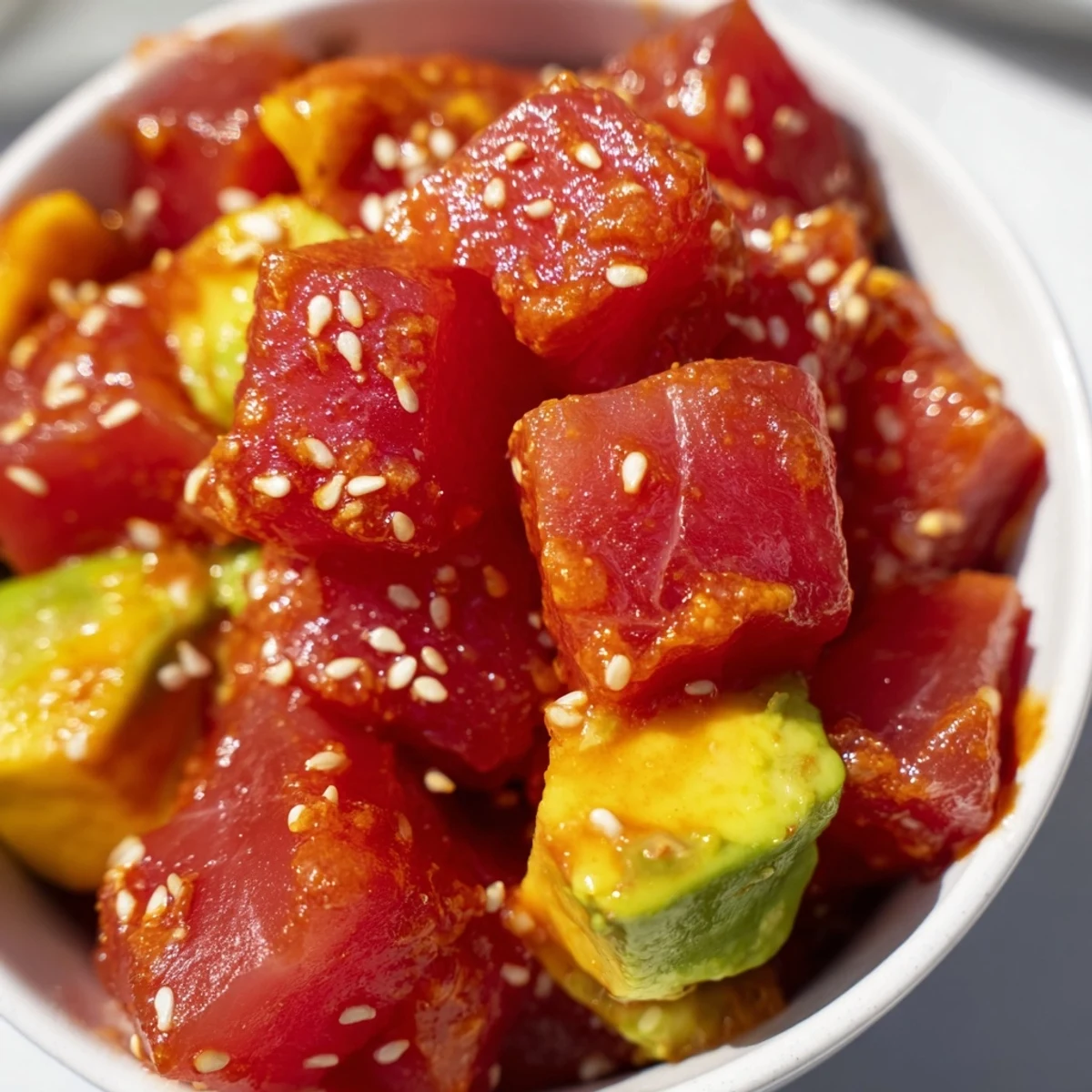 Fresh diced avocado and mango add creamy sweetness to this spicy tuna poke bowl, layered over fluffy rice with crisp cucumber and scallions.
