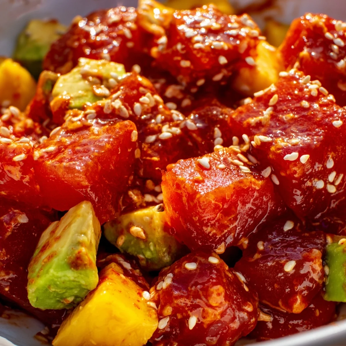 A close view of a spicy tuna poke bowl featuring juicy tuna, ripe avocado, mango, and crunchy veggies drizzled with sriracha mayo on sushi rice.