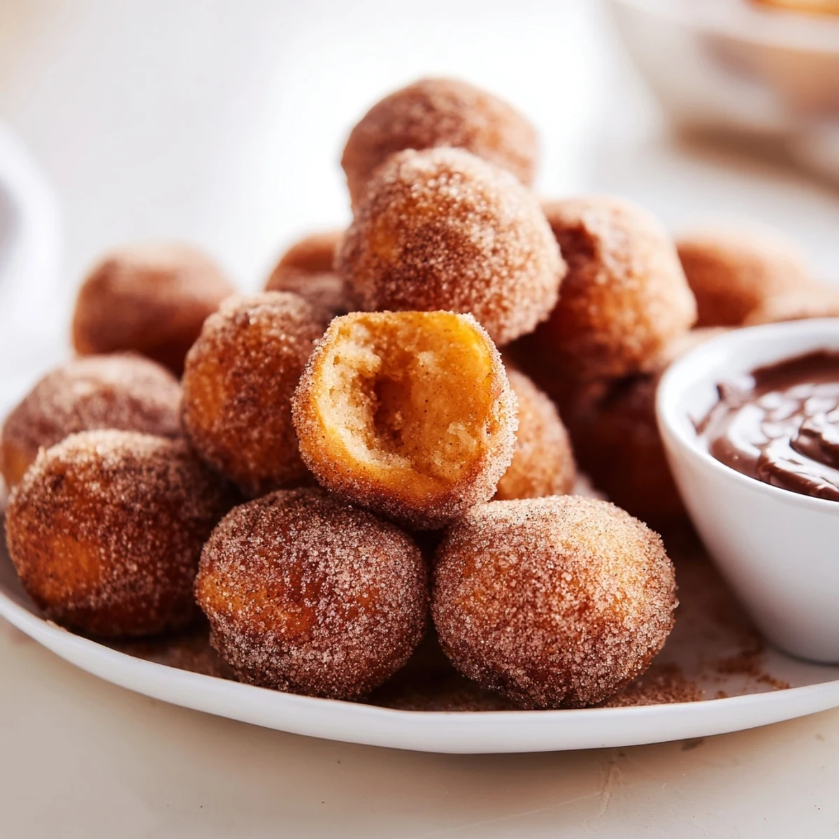 Freshly fried Cinnamon Sugar Donut Holes with Chocolate Dip, sprinkled with cinnamon sugar and served warm.  