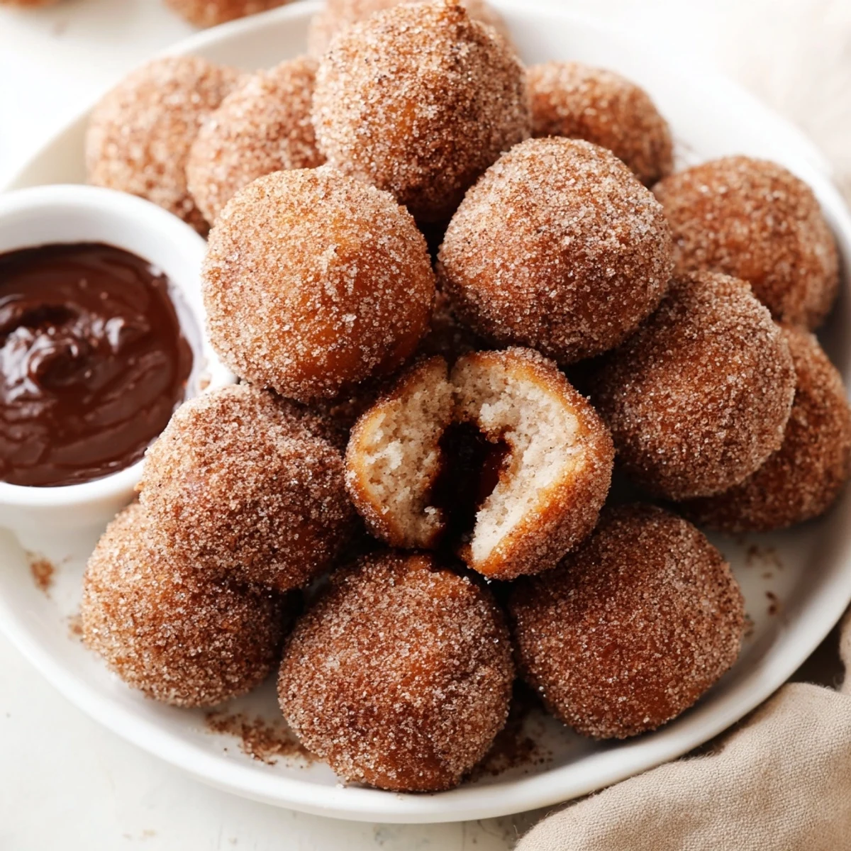 Golden-brown cinnamon sugar donut holes piled high, ready to be dipped into a rich, glossy chocolate sauce.  