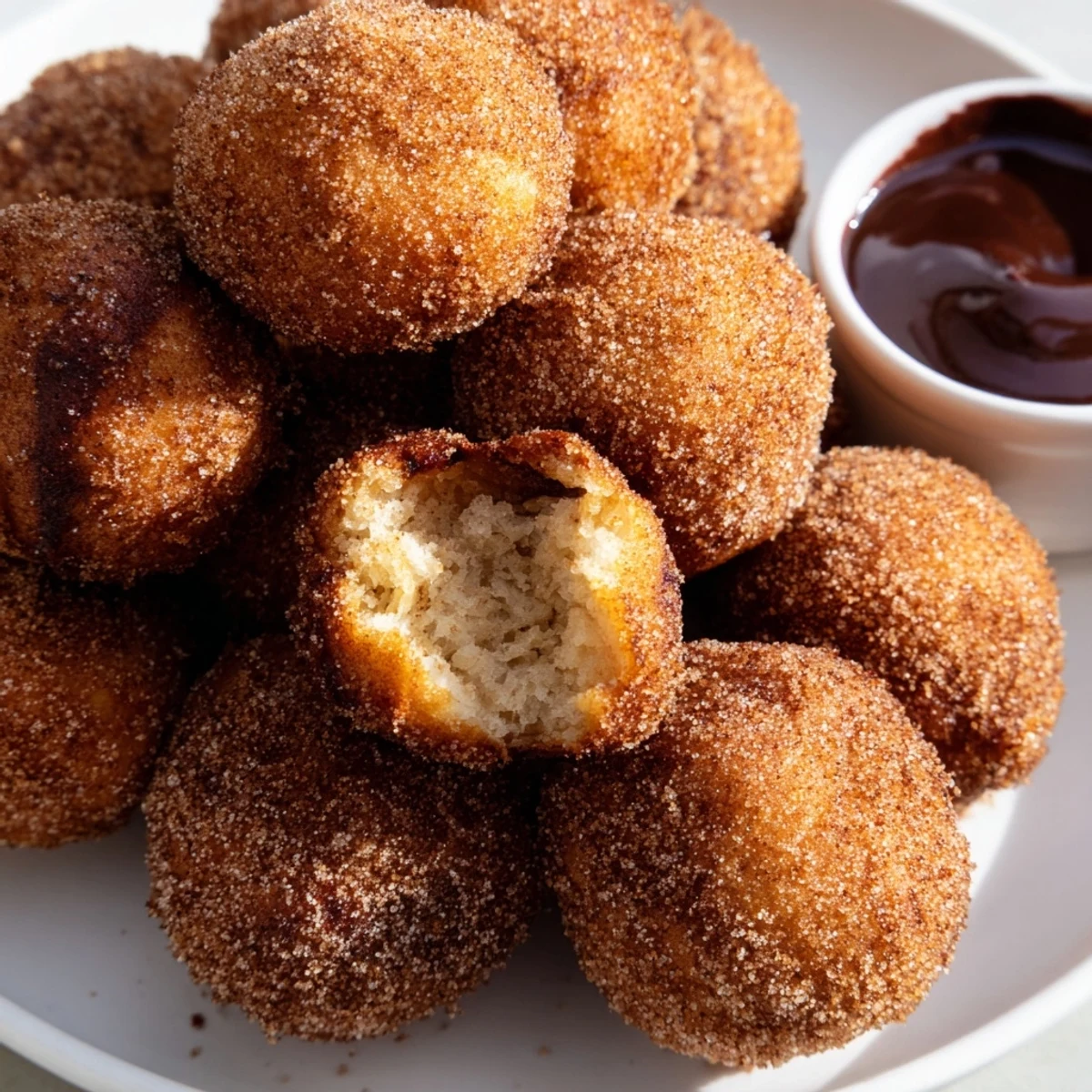 A close-up of fluffy Cinnamon Sugar Donut Holes with a luscious chocolate dip, perfect for a sweet dessert snack.