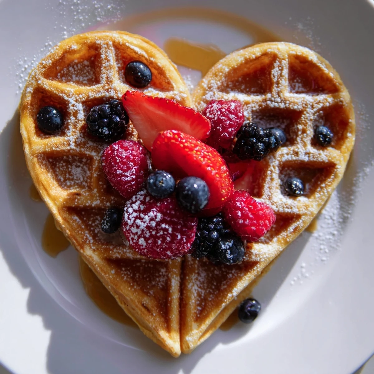 Golden-brown, Heart Shaped Waffles with Berries dusted with powdered sugar on a plate, ready for breakfast.
