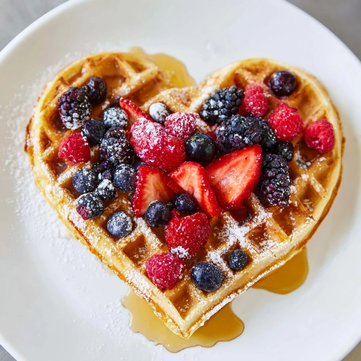 Freshly cooked Heart Shaped Waffles with Berries topped with strawberries, blueberries, and a dollop of whipped cream.