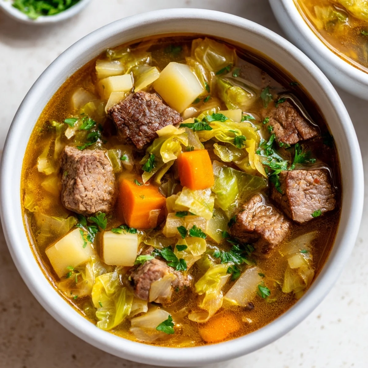 Rustic bowl of Irish Cabbage and Beef Soup with carrots and potatoes, served alongside crusty bread.