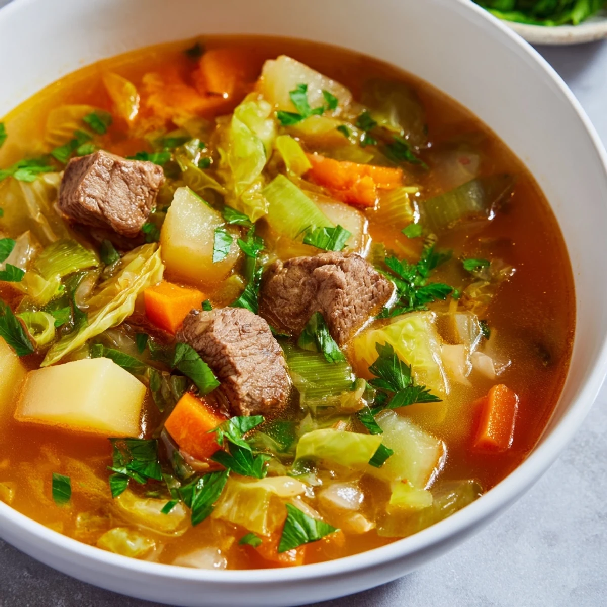 Steaming Irish Cabbage and Beef Soup showcases tender beef chunks and cabbage florets in a rich broth.
