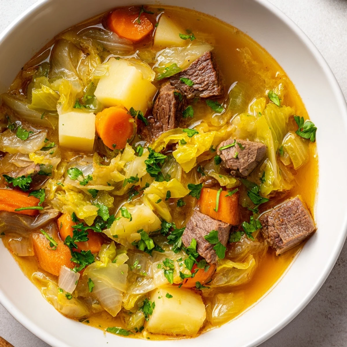 Close-up of Irish Cabbage and Beef Soup garnished with fresh parsley, emphasizing hearty, colorful vegetables in broth.