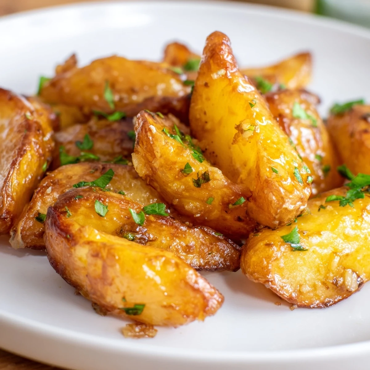 A close-up of Lemon Garlic Roasted Potatoes tossed in olive oil, garlic, and lemon zest, ready to serve.