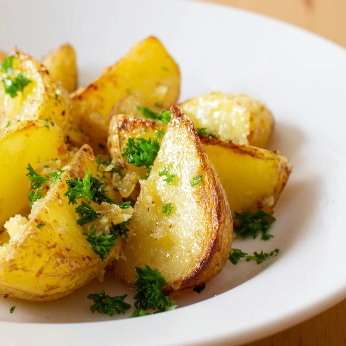 Golden Lemon Garlic Roasted Potatoes with crispy edges, tender insides, and fresh parsley garnish on a rustic platter.