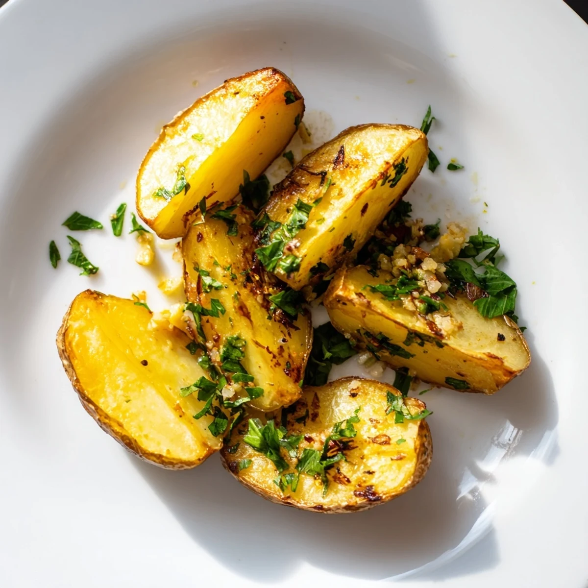 Fork-tender Lemon Garlic Roasted Potatoes, garnished with parsley and lemon zest, perfect alongside grilled chicken or fish.