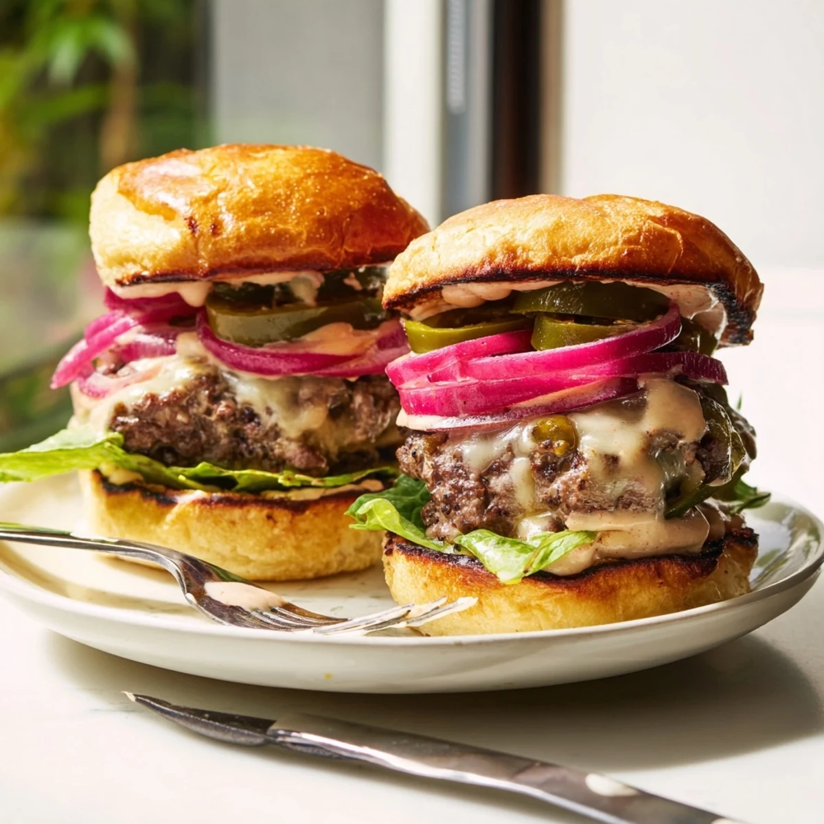 Spicy beef sliders with spicy mayo, red onion, and melted cheese on a wooden serving board.