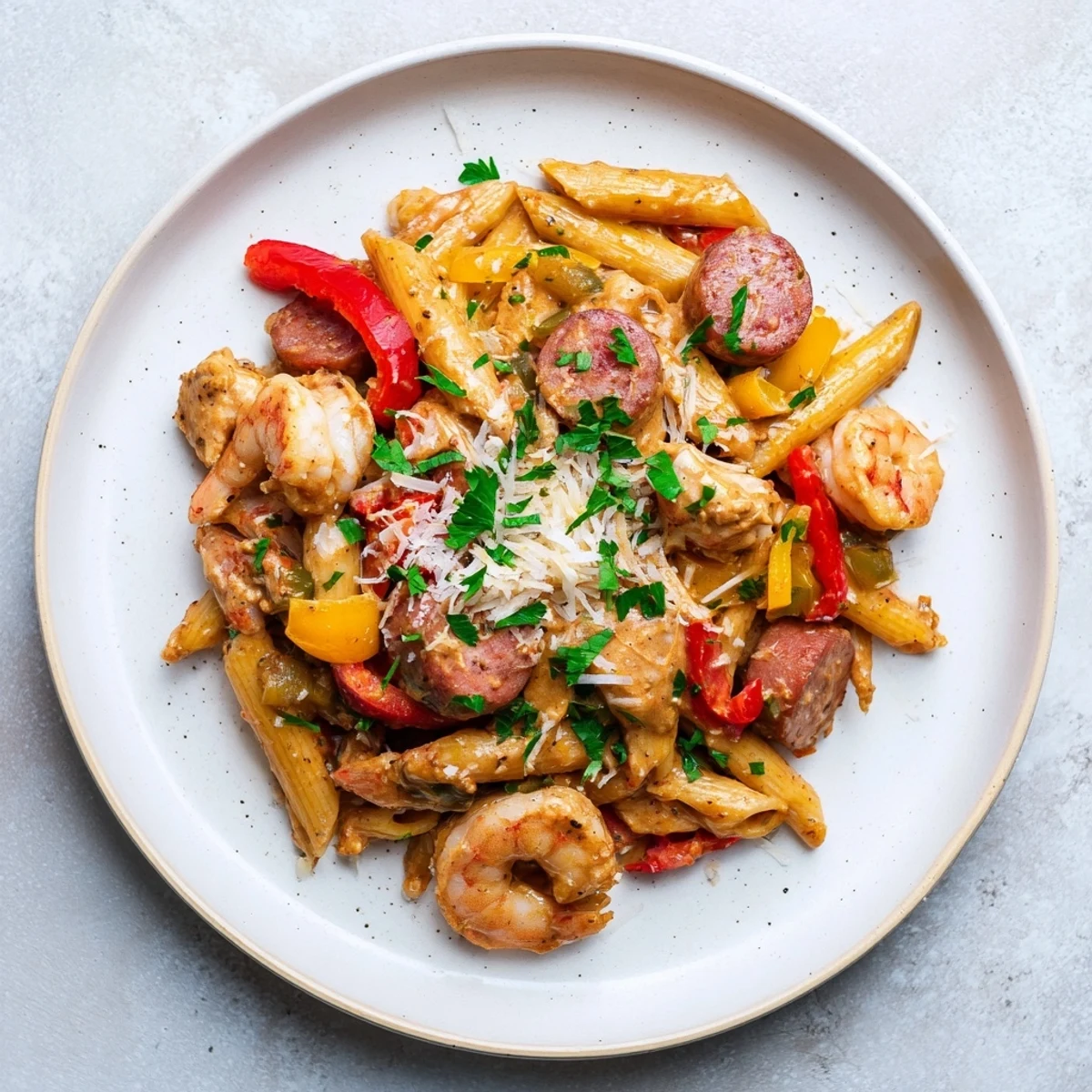Creamy Cajun Mardi Gras Jambalaya Pasta with shrimp, chicken, and andouille sausage in a skillet.