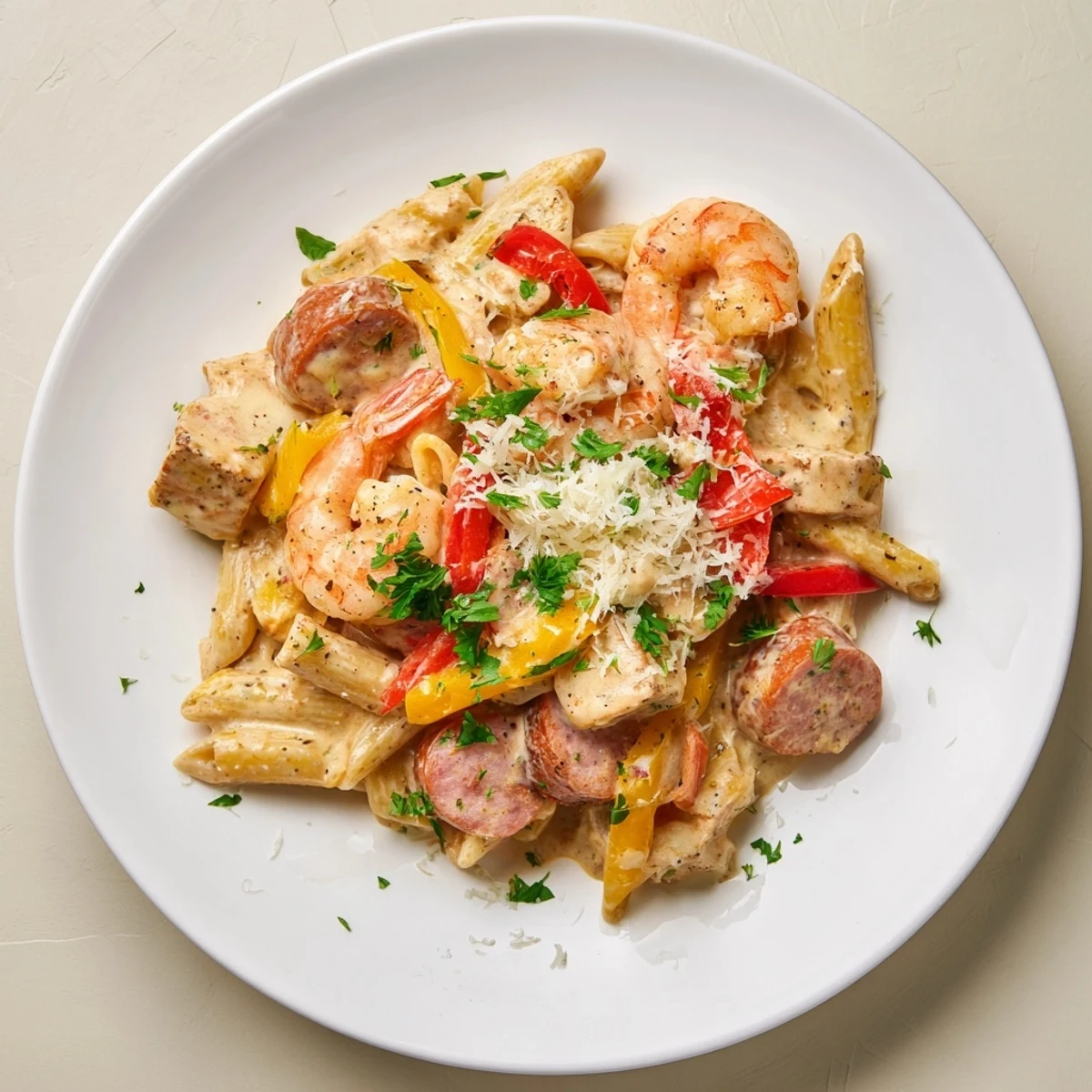 Colorful bell peppers and fresh parsley garnish a warm skillet of Mardi Gras Jambalaya Pasta.