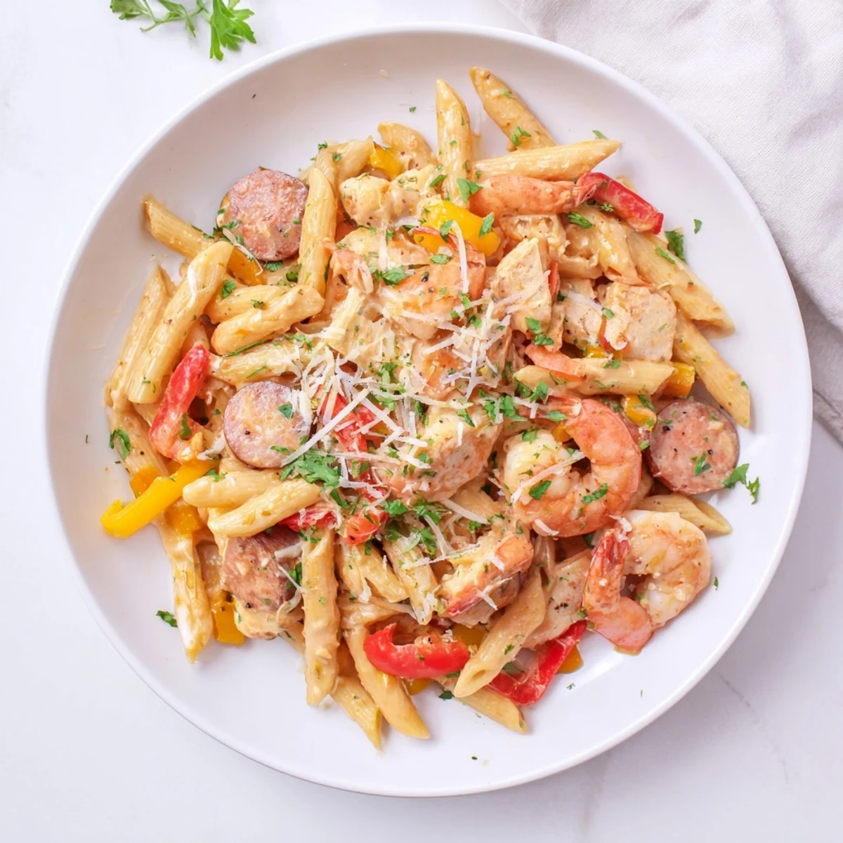 Serving suggestion for Mardi Gras Jambalaya Pasta with lemon wedges and a glass of white wine.