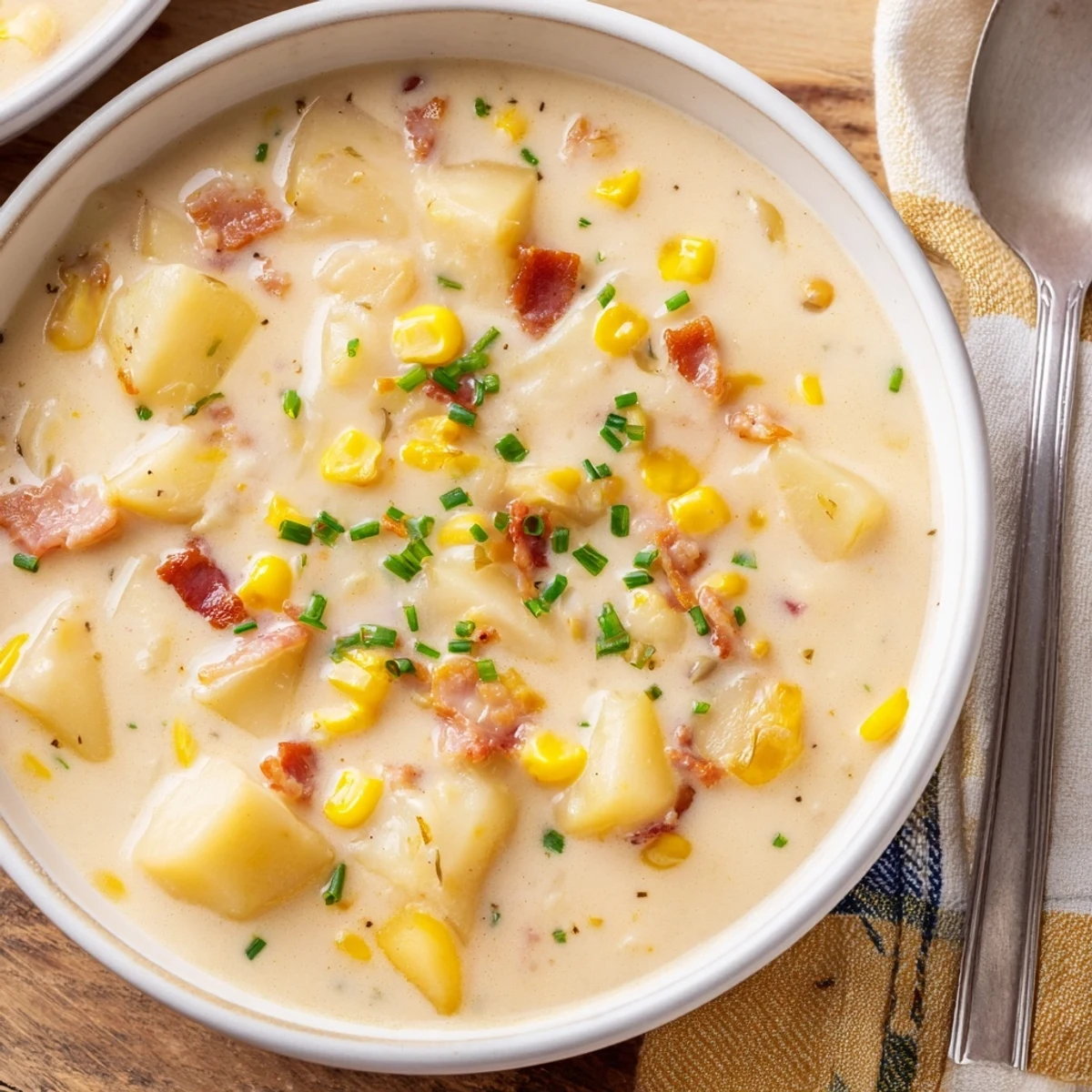 Golden Creamy Corn Chowder with Turkey Bacon steaming in a rustic bowl, topped with crispy turkey bacon bits and fresh chives.