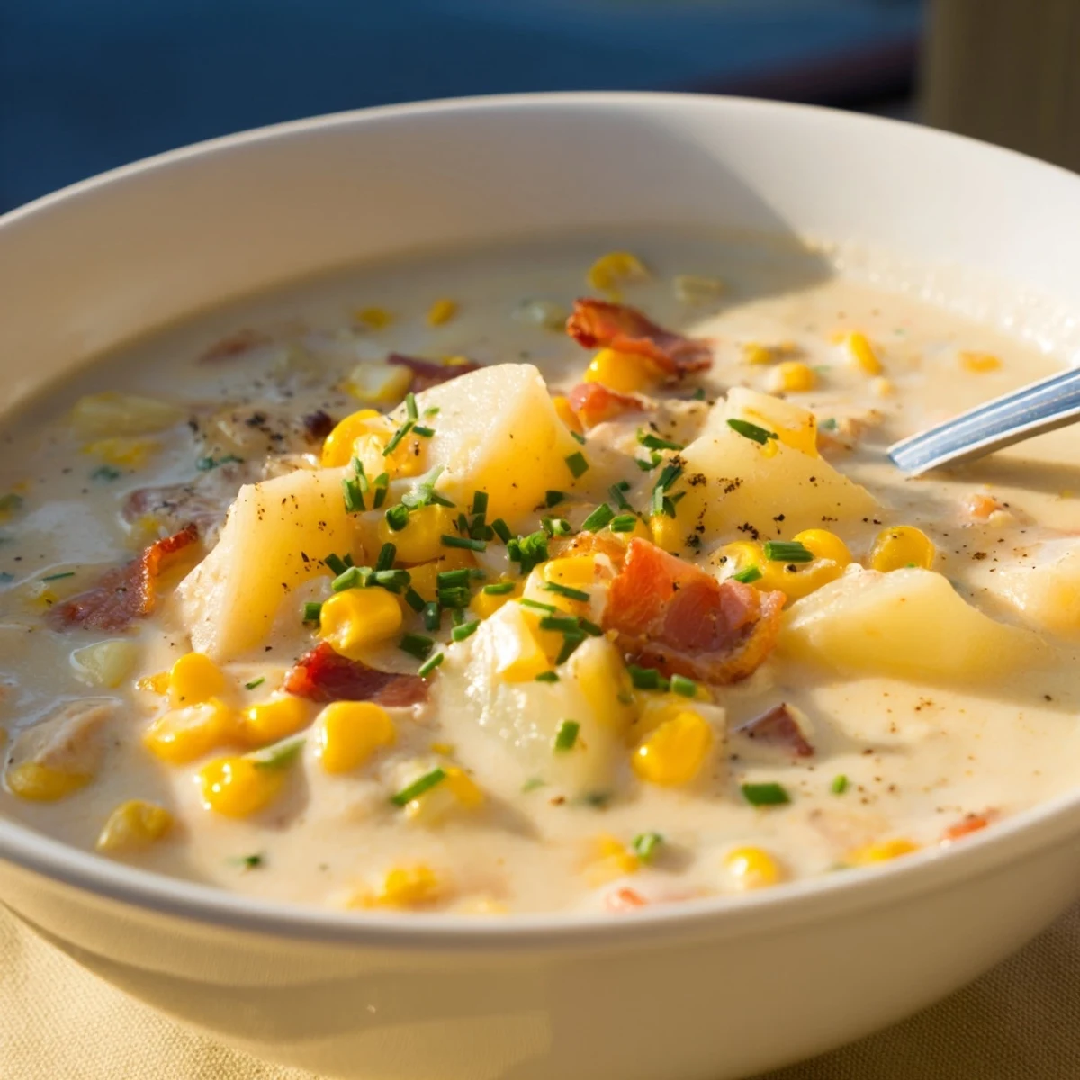 This hearty Creamy Corn Chowder with Turkey Bacon features tender potatoes and corn in a rich, velvety broth, perfect for cozy meals.