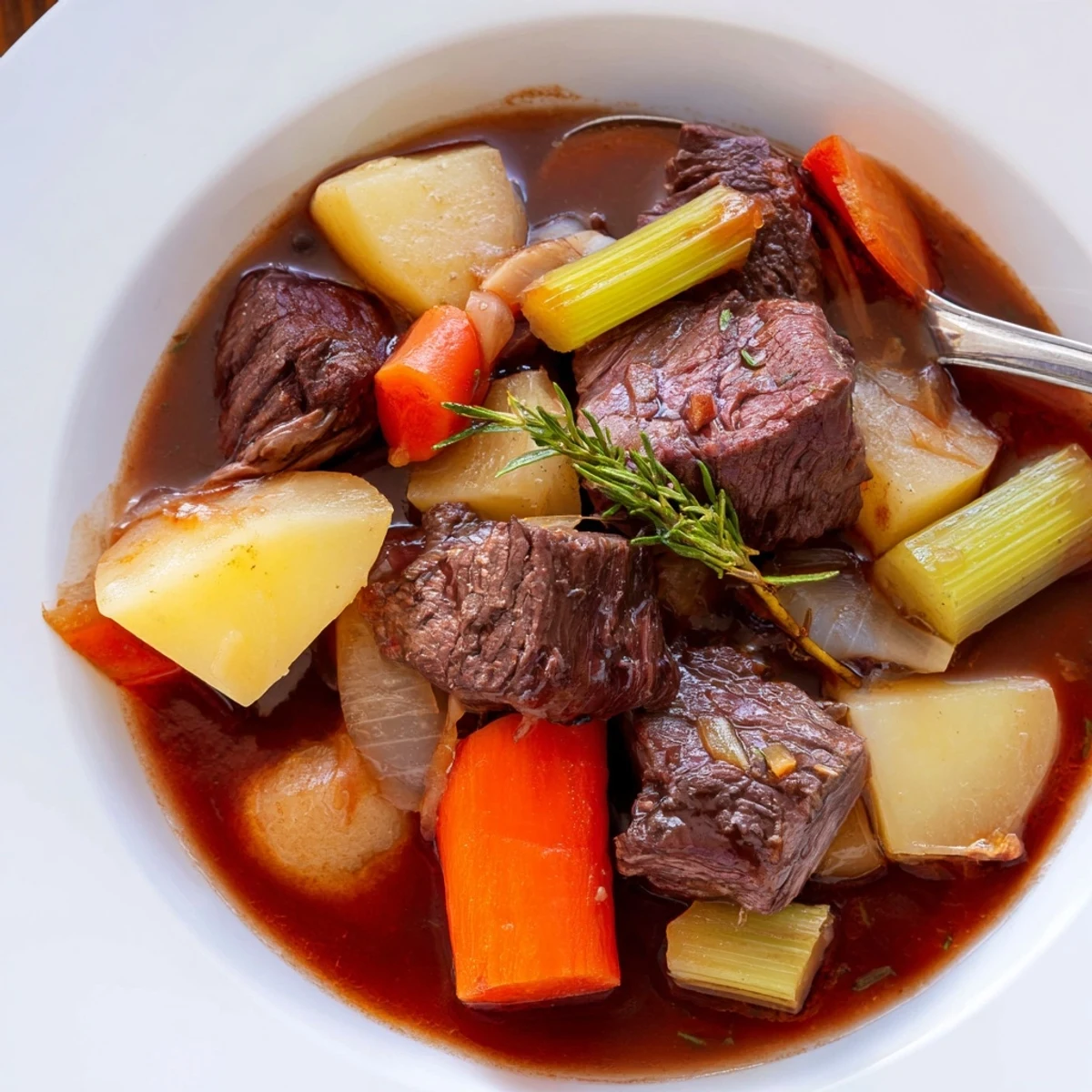 Hearty Slow Cooker Beef Stew with Root Vegetables, served steaming in a rustic bowl alongside crusty bread for dipping.