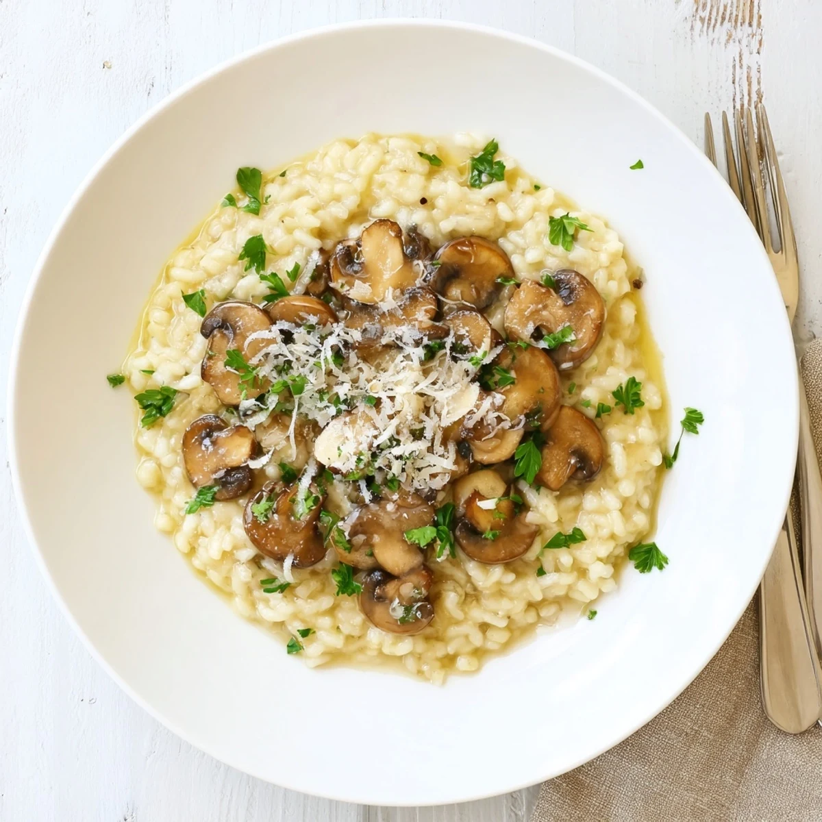 A close-up of creamy Mushroom Risotto with Truffle Oil in a white bowl, garnished with parsley and freshly grated Parmesan cheese.