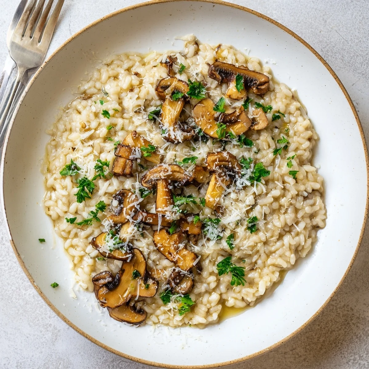 A skillet of golden Mushroom Risotto with Truffle Oil steaming beside rustic bread and a glass of white wine on a wooden table.