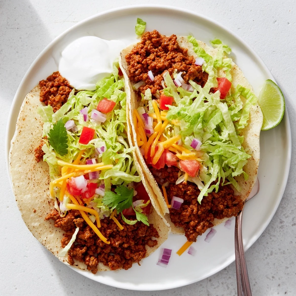 Warm, golden tortillas cradling juicy ground beef seasoned with homemade taco spices, topped with fresh lettuce, diced tomatoes, and shredded cheese for a vibrant taco night.  