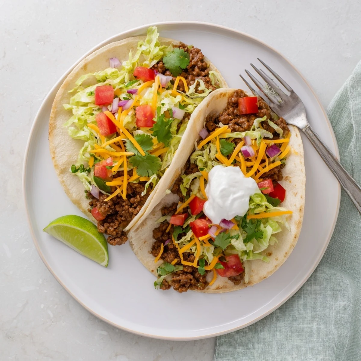 A close-up of assembled beef tacos, showcasing melted cheese, crisp vegetables, and lime wedges ready for a quick and flavorful weeknight dinner.