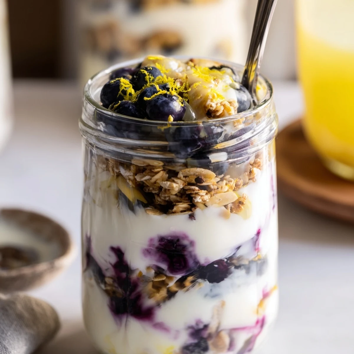 A vibrant Lemon Blueberry Yogurt Parfait with granola layered in a clear glass, topped with fresh mint and lemon zest.