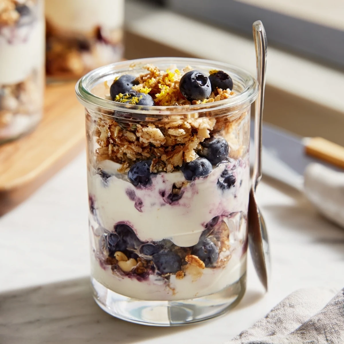 Layered Lemon Blueberry Yogurt Parfait with crunchy granola, fresh blueberries, and creamy lemon yogurt in a breakfast jar.