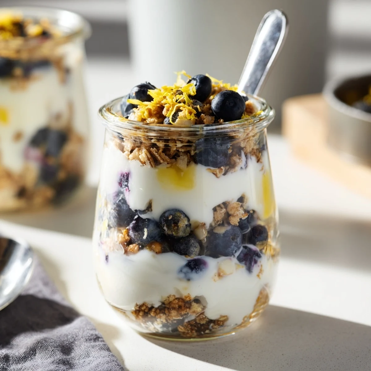 Close-up of Lemon Blueberry Yogurt Parfait, spoon dipping into creamy yogurt, blueberries glistening, and granola for texture.