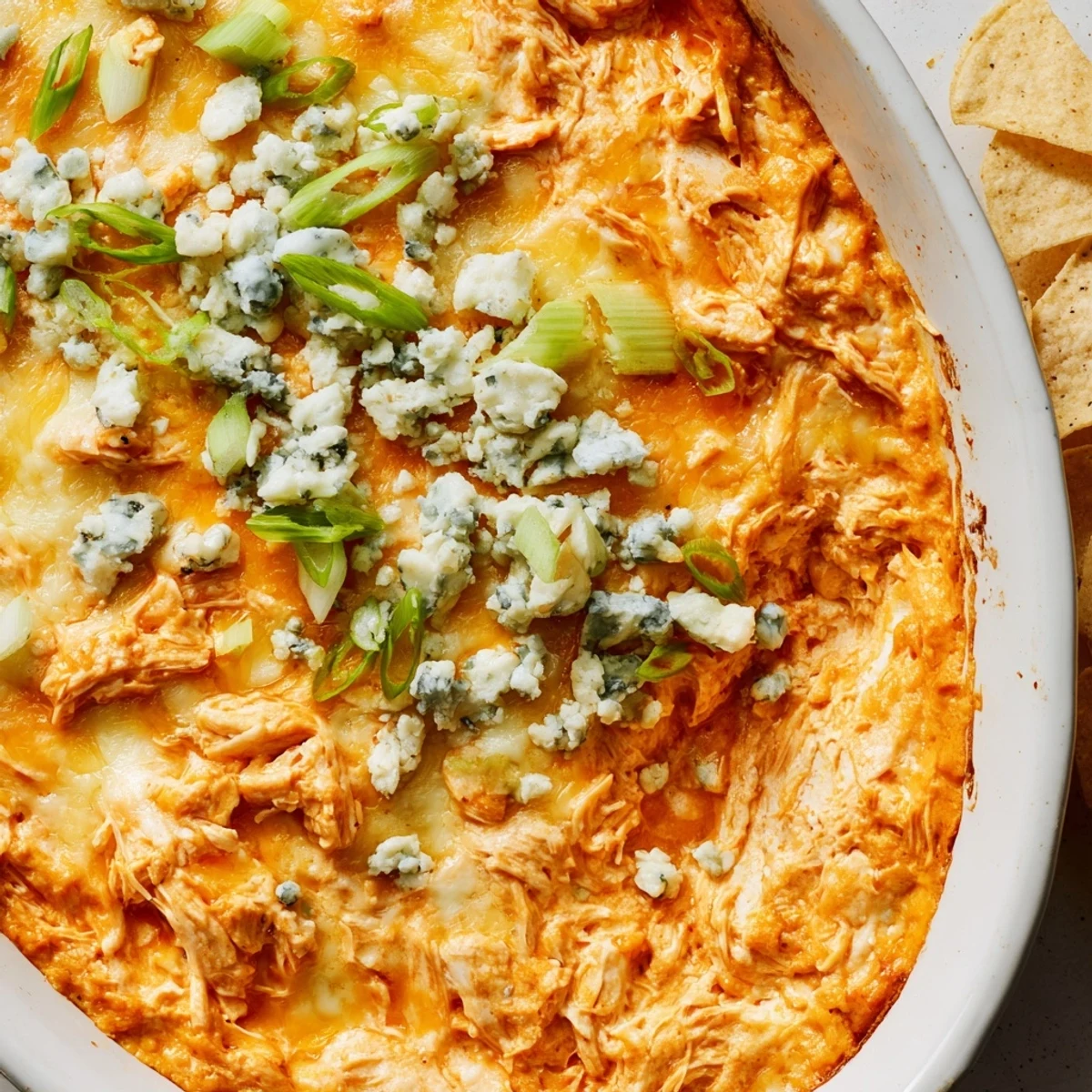 Golden-brown Spicy Buffalo Chicken Dip baked in a dish, garnished with scallions and served with chips.  
